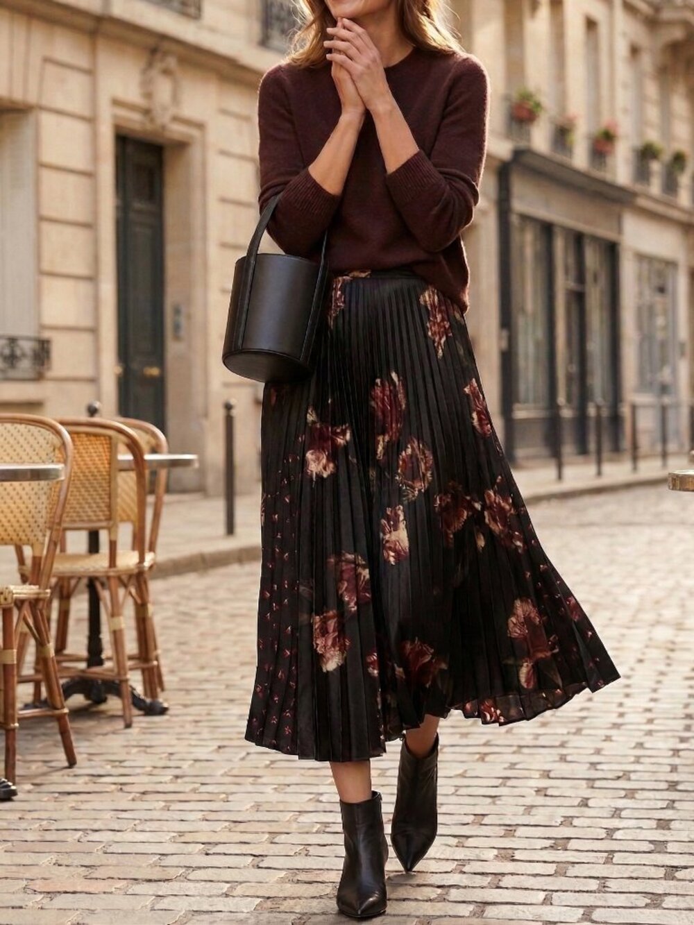 NWT Vince Mixed Tulip Floral Pleated Satin Midi Skirt Black Size 10‎ $345
